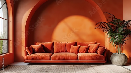 Mock up interior. Terracotta sofa in the living room. Ai generated image