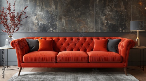 Mock up interior. Terracotta sofa in the living room. Ai generated image
