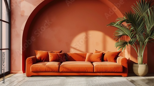 Mock up interior. Terracotta sofa in the living room. Ai generated image