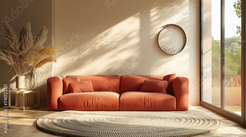 Mock up interior. Terracotta sofa in the living room. Ai generated image
