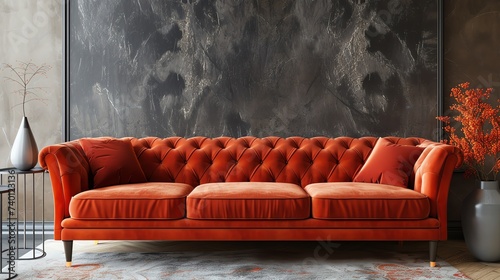 Mock up interior. Terracotta sofa in the living room. Ai generated image