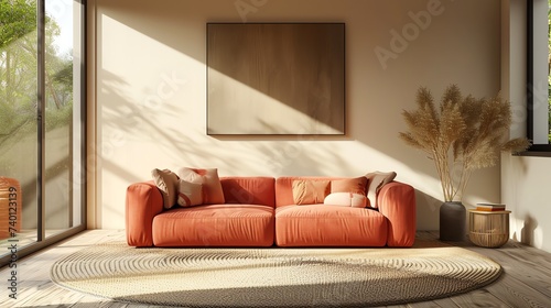Mock up interior. Terracotta sofa in the living room. Ai generated image