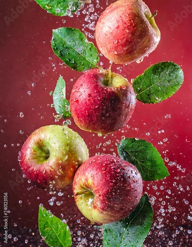 Tableau sur toile Against the vibrant red backdrop, apples with dew-kissed green leaves become a captivating display of freshness