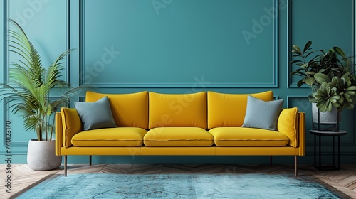Mock up interior. Terracotta sofa in the living room. Ai generated image