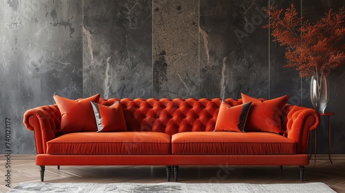 Mock up interior. Terracotta sofa in the living room. Ai generated image