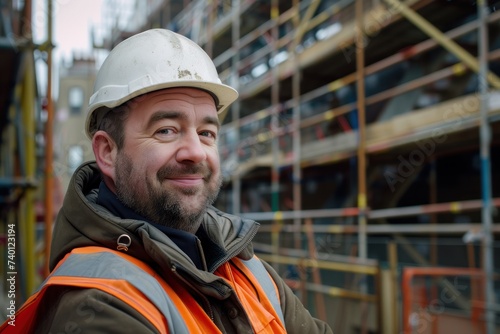 project manager of a construction site looking pretty pleased with himself 