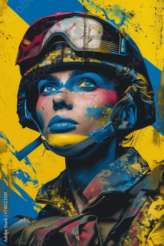 modern  women soldier in helmet with make-up  in pop art style