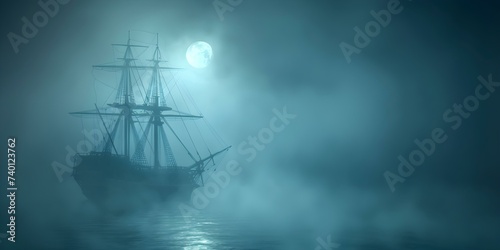 Eerie scene of deserted ship adrift in misty ocean beneath moonlight. Concept Deserted Ship, Misty Ocean, Moonlight, Eerie Scene, Abandoned Vessel