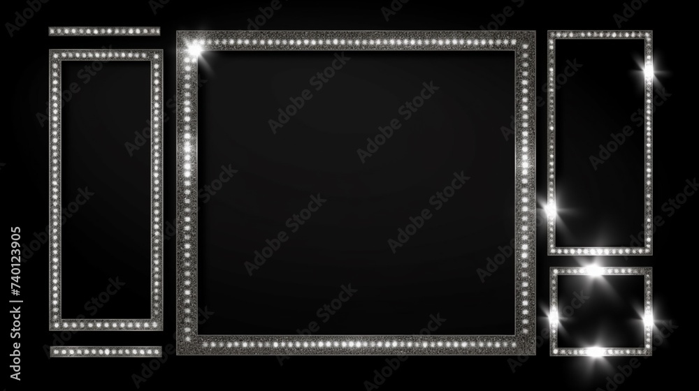 Silver shiny frame set isolated on dark transparent.Generative AI