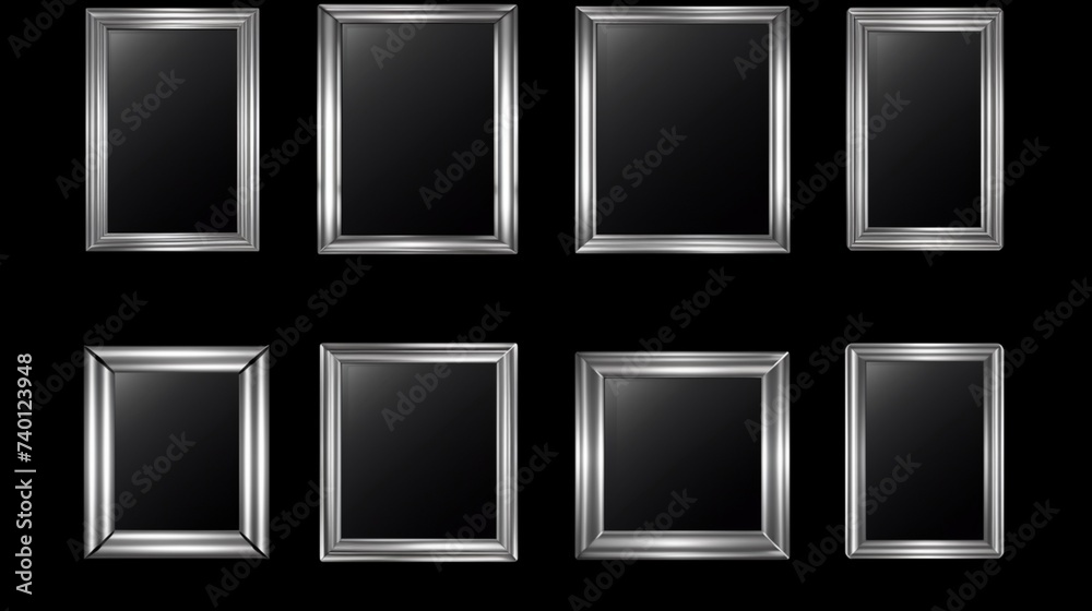 Silver shiny frame set isolated on dark transparent.Generative AI Silver shiny frame set isolated on dark transparent.Generative AI