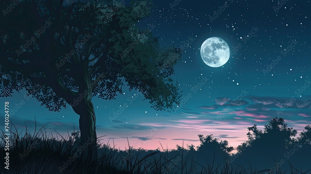 Illustration of a beautiful night landscape with a tree and full moon