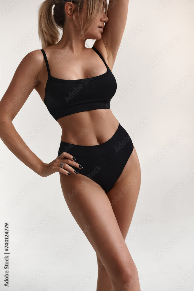 Healthy eating, sports for weight loss. Happy young blonde woman showing a perfect slim body on a white studio background, collage with outlines of an aesthetic figure Healthy eating, sports for weight loss. Happy young blonde woman showing a perfect slim body on a white studio background, collage with outlines of an aesthetic figure