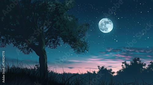Illustration of a beautiful night landscape with a tree and full moon