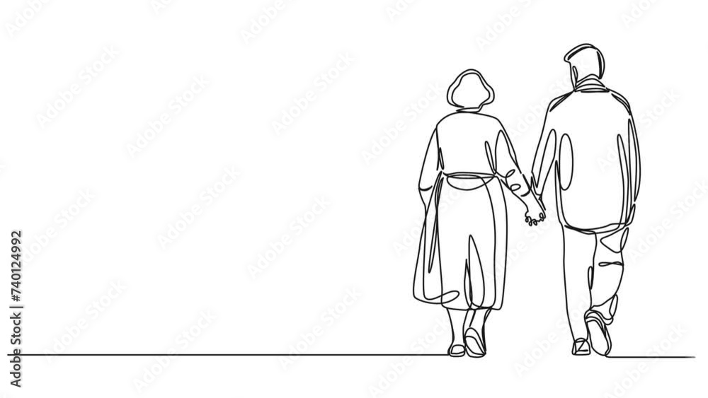 animated continuous single line drawing of elderly couple walking hand in hand, line art animation animated continuous single line drawing of elderly couple walking hand in hand, line art animation