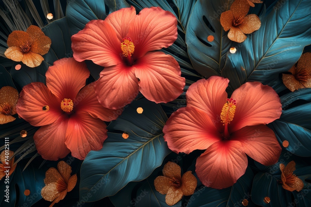 A beautiful colorful assortment of red hibiscus flowers arranged close to each other, creating a stunning display of natures beauty. Each unique petal and stem adds to the overall composition