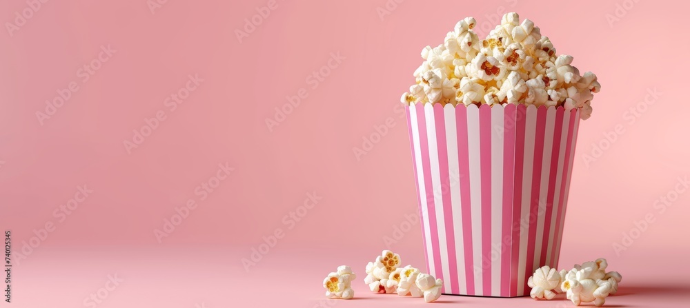 Popcorn spilling from pink striped box on pastel background with space for text placement