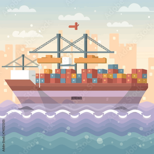2d vector illustration colorful Land and sea transport techniques, methods and technological tools for transporting and shipping goods and products and logistic 
