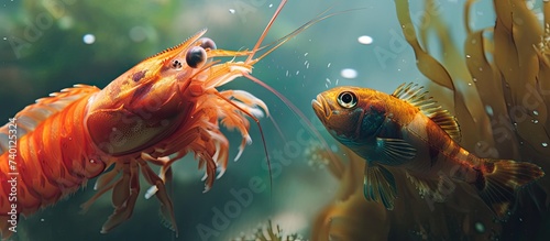 This photo captures a chatty shrimp and a talkative fish engaging in an underwater conversation as they swim side by side. © AkuAku