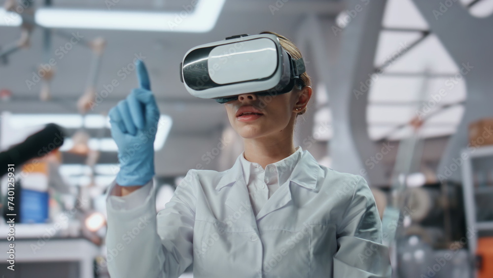 Glasses scientist using virtual reality working at science in laboratory closeup Glasses scientist using virtual reality working at science in laboratory closeup