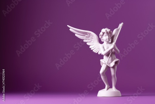 A whimsical Cupid statue equipped with a bow, standing against a monochromatic purple background. Cupid Statue with Bow on Purple Backdrop photo