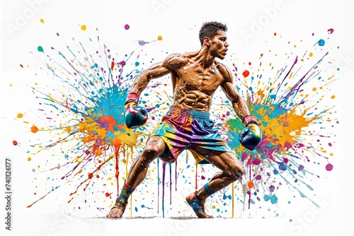 Boxer in action on a grunge background. Illustration of a boxer in action with colorful splash background. Portrait of an athletic male boxer with boxing gloves.  © vachom