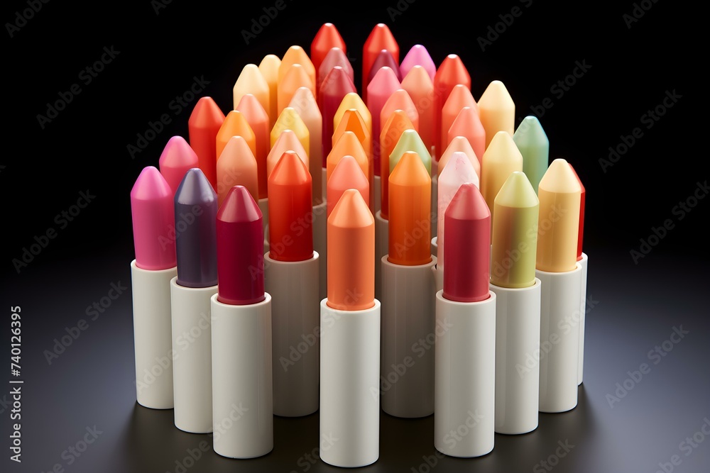 Vibrant array of lip balm sticks adds pop of color. Concept Beauty, Lip Care, Cosmetic Products, Makeup Trends Vibrant array of lip balm sticks adds pop of color. Concept Beauty, Lip Care, Cosmetic Products, Makeup Trends