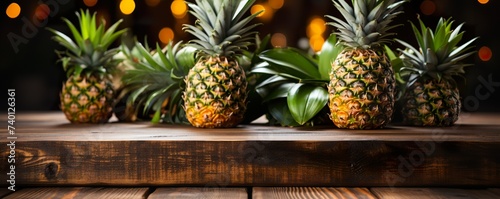 Empty rustic old wooden boards table copy space with pineapple fruits on desk, blurred tropical jungle background.