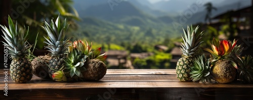 Empty rustic old wooden boards table copy space with pineapple fruits on desk, blurred tropical jungle background. photo