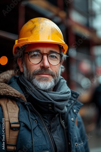 In the industrial setting, a confident worker wears a helmet, ensuring safety and efficiency at the construction site.