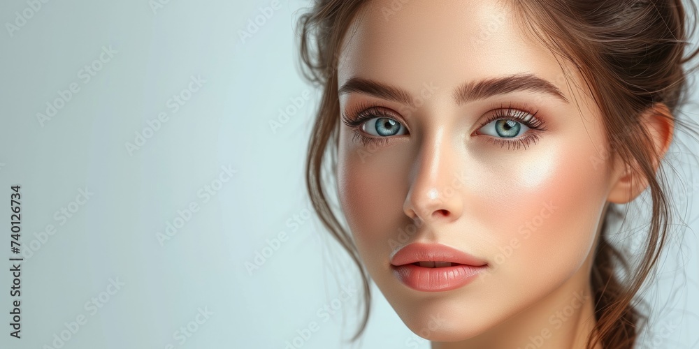 A captivating portrait of a young Caucasian woman with flawless makeup and elegant eyebrows. A captivating portrait of a young Caucasian woman with flawless makeup and elegant eyebrows.