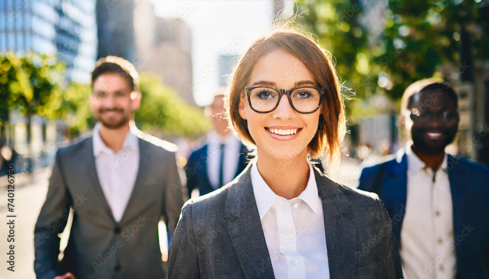 Woman in front of several people looking at camera walking on busy city street backlit. Woman in front of several people looking at camera walking on busy city street backlit.