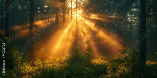 A tranquil forest scene illuminated by morning sunlight, with mist adding a mystical touch to the greenery.