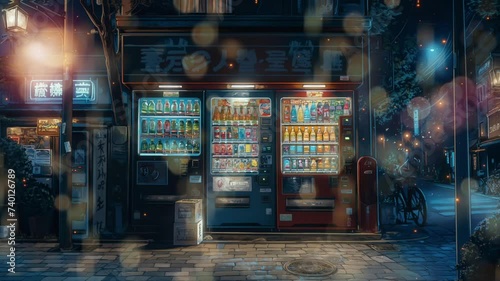 A vending machine crafted from metal and glass, captures attention with its sleek and modern design. Lined with an array of beverages,drink and snacks, seamless time lapse photo