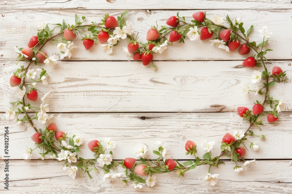 heart-shaped wreath made of fresh strawberries and vibrant flowers, arranged in a visually pleasing and meticulous manner