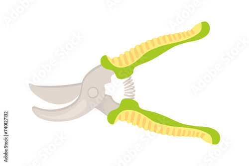 Garden shears are metal garden tool. Vector isolated drawing of an open pruner for gardening, print, toolkit