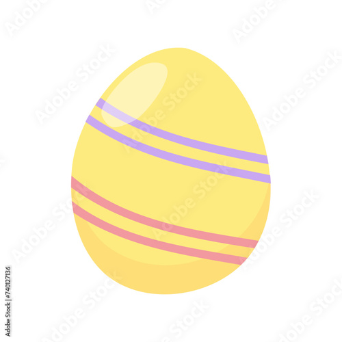 Easter egg in yellow color is laconically decorated with colored threads. Simple vector drawing isolated on white background. Holiday tradition, gift. Bright spring colors