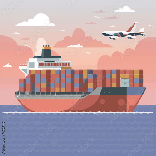 2d vector illustration colorful Land and sea transport techniques, methods and technological tools for transporting and shipping goods and products and logistic 
