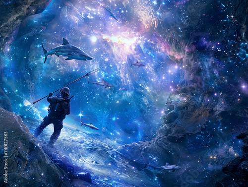 A spear thrower hunting in a galaxy themed underworld sharks swimming in cosmic rivers
