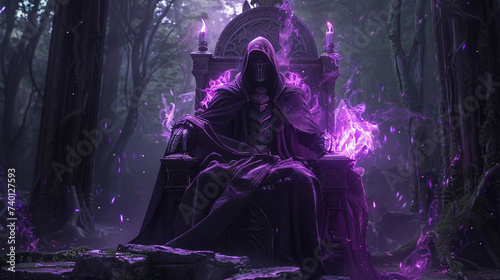 Animated knight king cloak of purple energy on a throne in a dark enchanted forest