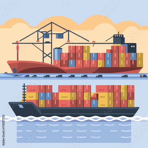 2d vector illustration colorful Land and sea transport techniques, methods and technological tools for transporting and shipping goods and products and logistic 
