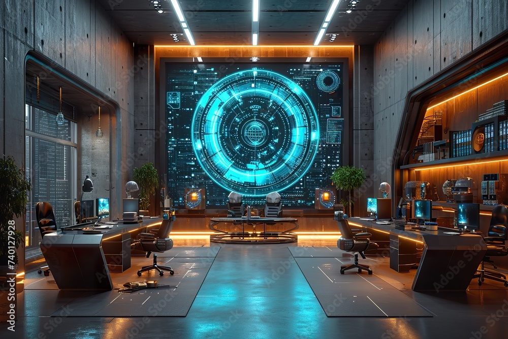 Futuristic stylish interior view of office with holographic screen, hi tech, mechanical technology concept. 3D rendering - obrazy, fototapety, plakaty 