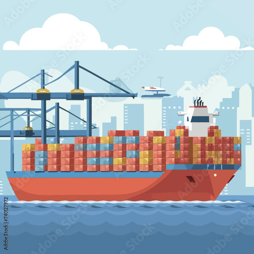 2d vector illustration colorful Land and sea transport techniques, methods and technological tools for transporting and shipping goods and products and logistic 
