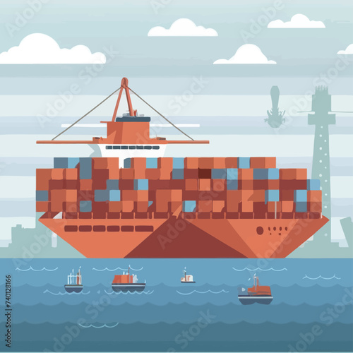 2d vector illustration colorful Land and sea transport techniques, methods and technological tools for transporting and shipping goods and products and logistic 
