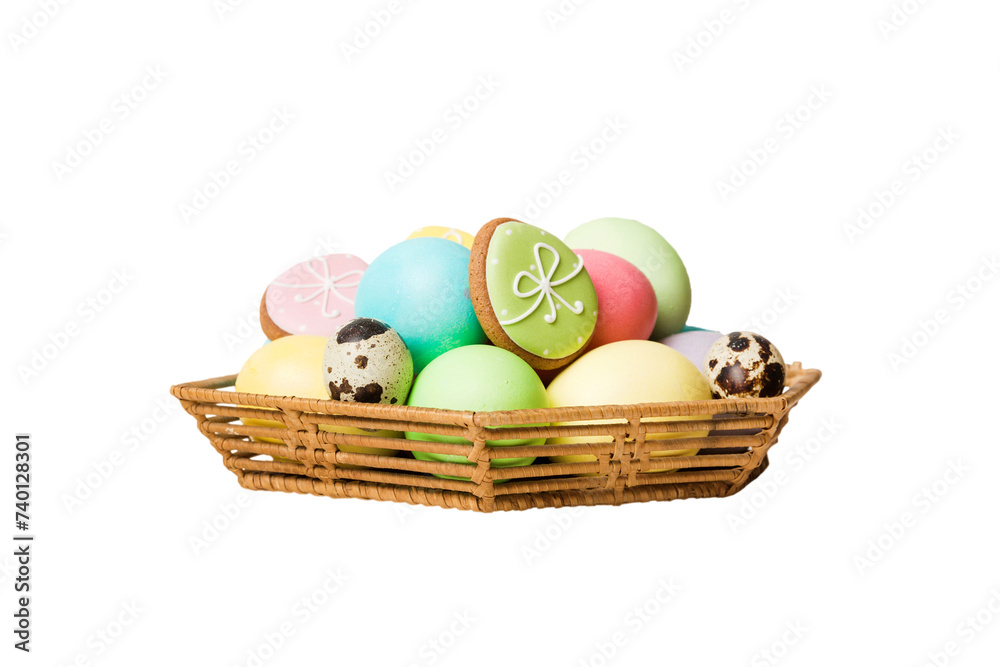 Basket of colorful Easter eggs isolated on white background. Easter basket filled with colored eggs top view holiday concept Basket of colorful Easter eggs isolated on white background. Easter basket filled with colored eggs top view holiday concept