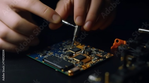 Technician repairing inside of mobile phone by solder.Generative AI