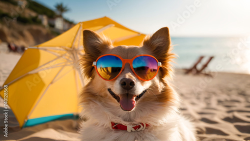 Cute spitz dog in sunglasses is sitting on the beach of sea or ocean. Dog is relaxing On Vacation. Concept of travel and summer vacation. © Logvin art