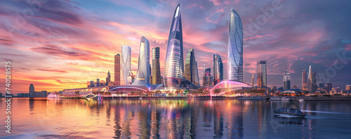 Futuristic city skyline blending organic growth structures with high tech under a twilight sky
