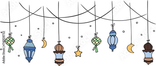 A group of colorful lamps hanging from strings. Muslim Ramadan, Eid Mubarak