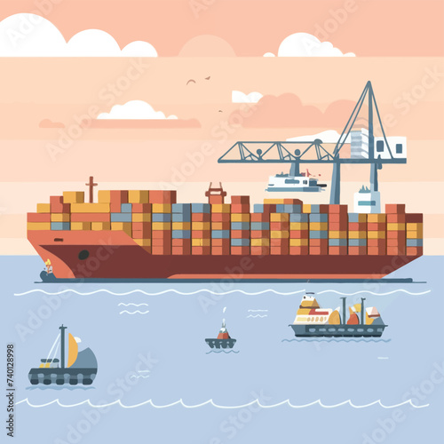 2d vector illustration colorful Land and sea transport techniques, methods and technological tools for transporting and shipping goods and products and logistic 
