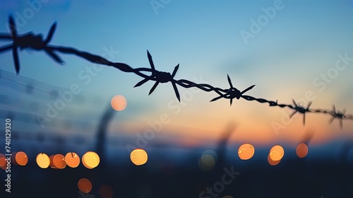 Barbed wire fence with sunset background. Focus on barbed wire  ai generative